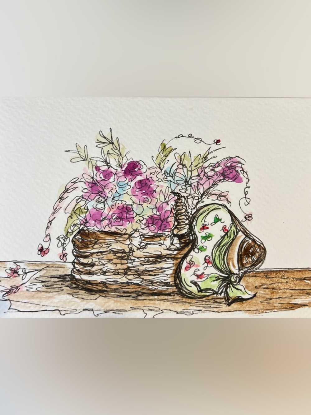 Original hand, painted watercolor, summer flower, floral basket, wall decor